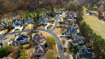 Panoramic aerial view of an upscale subdivision in suburbs of USA