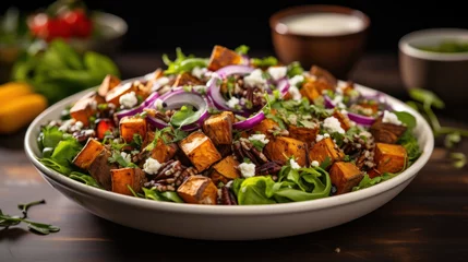 Abwaschbare Fototapete Hearty salad featuring roasted sweet potato cubes, mixed greens, and a sprinkle of feta cheese, served in a large bowl © Liana