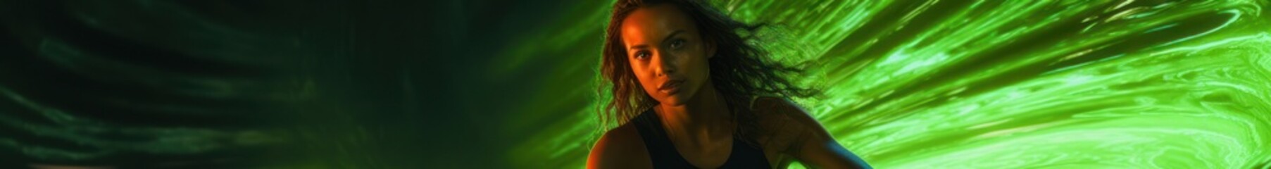 Obraz premium Hispanic Female Horizontal Banner Neon Musical Setting Generative AI