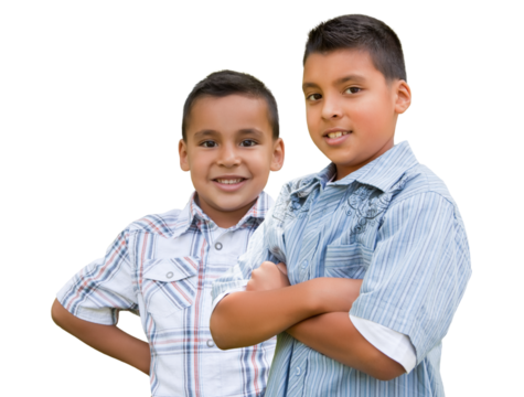 Two Happy Young Hispanic School Boys Isolated. Transparent PNG.