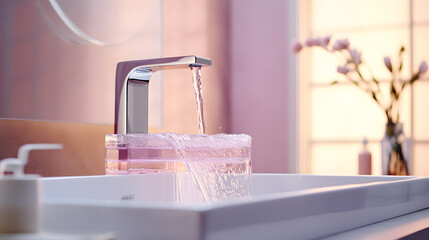 Elegant sanitary ware in a luxury bathroom in pastel colors. Clean transparent water flows - 683033914