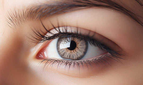 Young beatiful female with natural light blue, yellow and brown color pigmentation on the Iris. Womans face detail macro shot of the eye. Eye with big lashes, close up