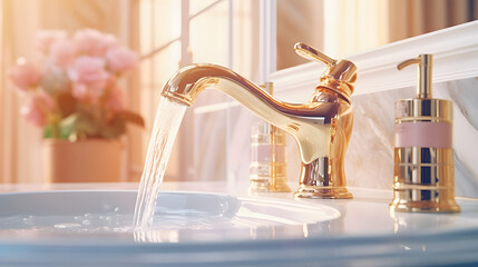 Elegant sanitary ware, golden water tap in a luxury bathroom in pastel colors. Clean transparent water flows - 683034163