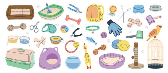 Animal supplies set. Pets accessories. Sleeping pillow, chew toy, medal, scissors, nail clippers, brush, fur remover, aquarium, backpack carrier