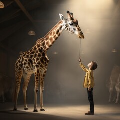 a boy holding a rope to a giraffe