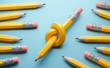 Pencil knot. A pencil tied in a knot and ordinary pencils on a blue background - obrazy, fototapety, plakaty