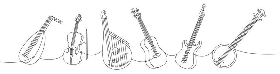 Set of string musical instruments. Lute, violin, bandura, acoustic guitar, electric bass guitar, american banjo continuous one line illustration. - obrazy, fototapety, plakaty
