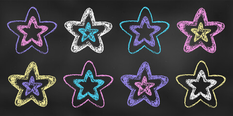 Realistic Chalk Drawn Sketch. Set of Design Elements Blue, Pink, Violet, Yellow and  White Stars Isolated on Chalkboard Backdrop.