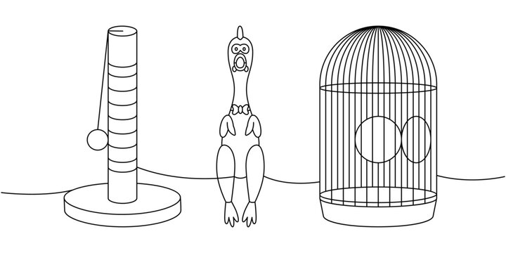Pet supplies set one line continuous drawing. Cat tower, cat scratch post, rubber chicken toy, bird cage continuous one line illustration.
