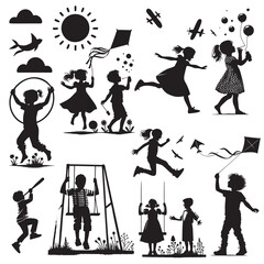 Set of playful childrens silhouettes. A girl spinning a hula hoop, a boy of  flying a kite, a child  blowing bubbles, swinging and another child skipping,  jumping. Black vector silhouettes on white - obrazy, fototapety, plakaty