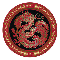 Luxury round mandala pattern with chinese traditional red gold dragon and circle meander frame. Happy Chinese new year 2024 Zodiac sign, year of the Dragon. Ornamental isolated vector design on white