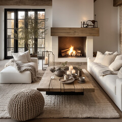 French interior for a modern room. A table made of wooden slabs next to a white corner sofa with fur pillows. A fireplace with a fire burning in it. Modern direction in design.