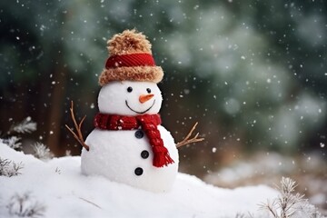 Fototapeta premium Christmas winter smiling happy snowman frosty snow new year celebration holiday cute decoration greeting december eve face funny white snowball with scarf hat carrot xmas festivity shiny flakes smile