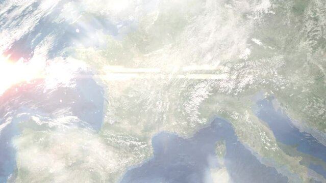 Zoom in from space and focus on Roanne, France. 3D Animation. Background for travel intro. Elements of this image furnished by NASA
