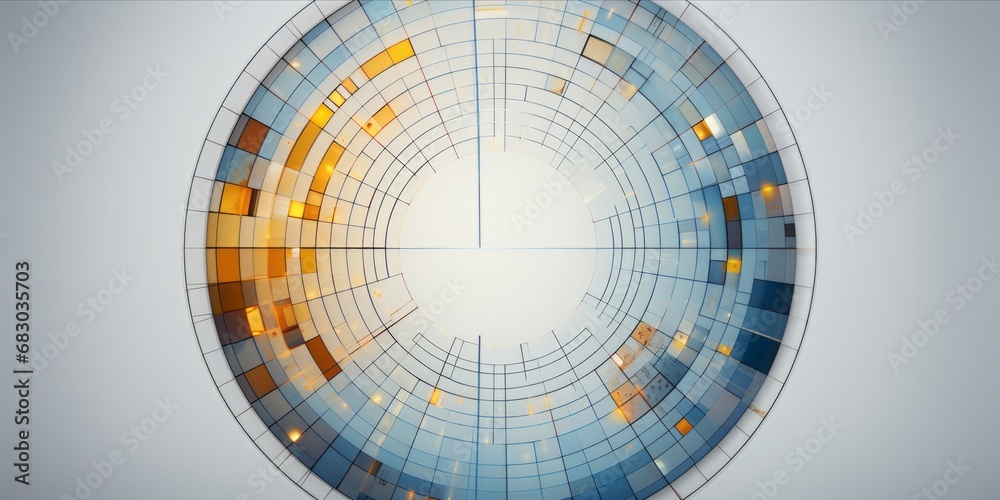 Poster explore the visual elegance of a white and blue circular circle adorned with intriguing squares