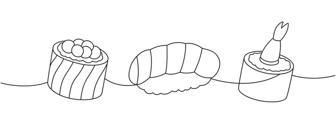Seafood sushi rolls. Japanese cuisine, traditional food one line drawing. Ikura sushi, tobiko maki, sake nigiri, shrimp roll one line illustration.