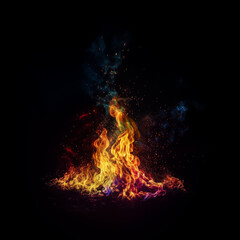 Colorful fire in the dark with neon sparkles and color of rainbow in the dark background