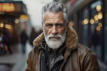 Alter Mann mit Lederjacke steht in einer Strasse und sieht mit ernstem Gesichtsausdruck in die Kamera - obrazy, fototapety, plakaty