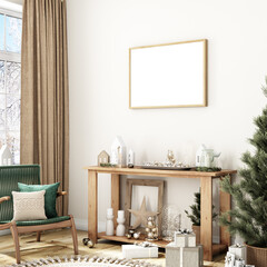 Interior mockup and frame mockup A4 in christmas home decor living room