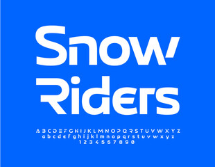 Vector modern sign Snow Riders. White futuristic Font. Digital style Alphabet Letters and Numbers set