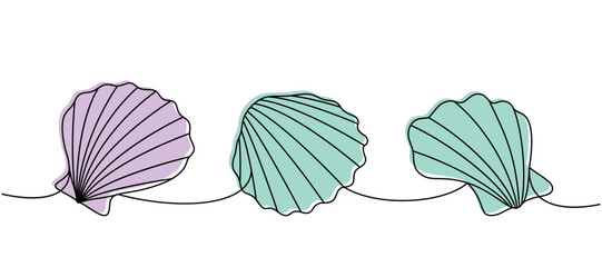 Obraz premium Set of sea shells. Sea shells, mollusks, scallop, pearls. Tropical underwater shells continuous one line illustration. Vector minimalist illustration.
