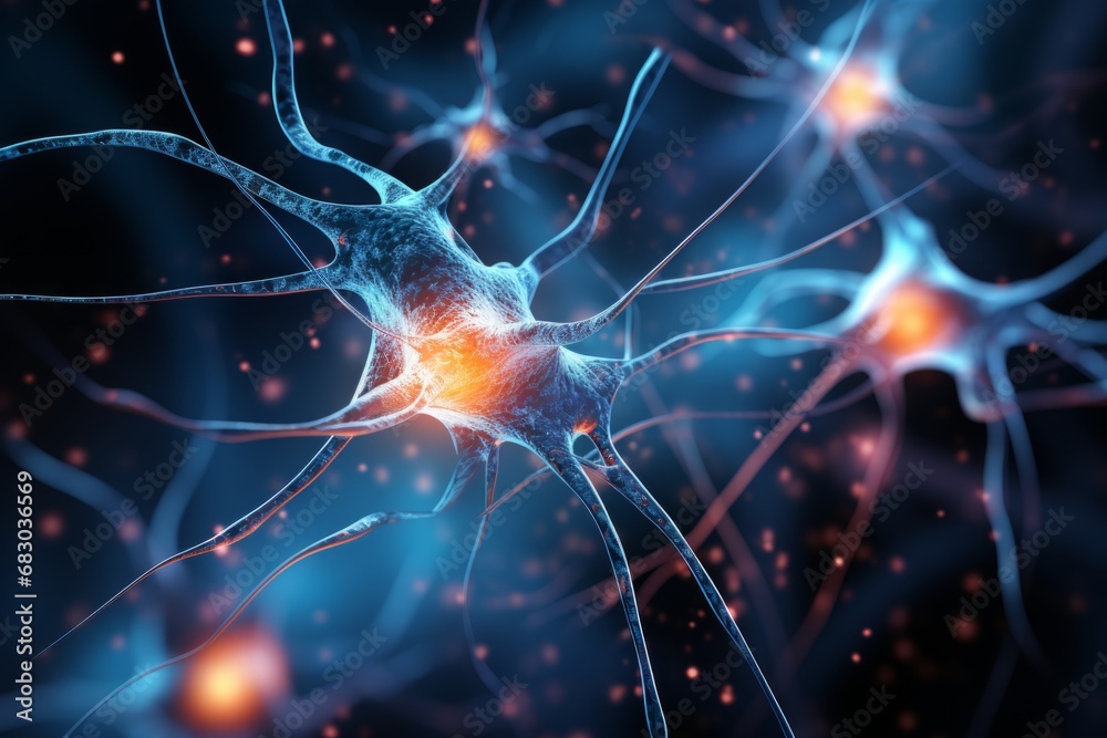 Wall mural neuron cells neural network under microscope neuro research science brain signal information transfe