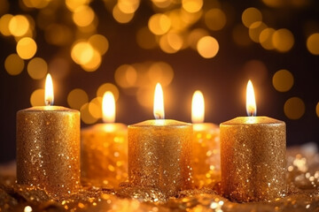 Festive Happy New Year Background - Gold Burning Candles on Bokeh Sparkling Background - Created with Generative AI Tools