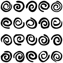 Set of black curls and spirals. Grunge vector doodles isolated on transparent background. Seamless repeating pattern. Rough hand-drawn illustration. Design element
