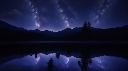 mountains reflected in a lake at night
