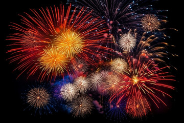 Obraz premium Spectacular New Year Firework Explosion in the Night Sky - National Celebration Display for Happy New Year - Created with Generative AI Tools