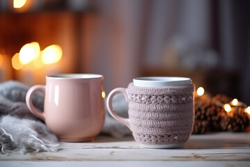 Winter Retreat - Cozy Fireplace Scene with Two Tea or Coffee Mugs and Woolen Comfort in Country House - Created with Generative AI Tools