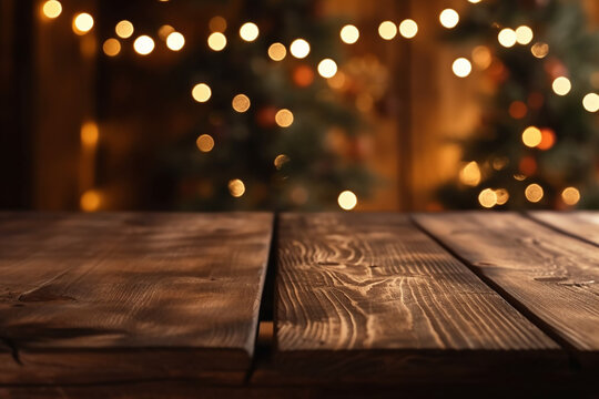 Wooden Table in Front of Blurred Fireworks Background - Festive Celebration Setting - Created with Generative AI Tools
