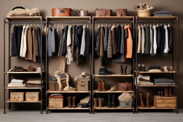 Stylish interior of a home storage room. Shelving made of wood and metal in a loft style, various clothes on hangers, shoes, accessories and boxes on the shelves