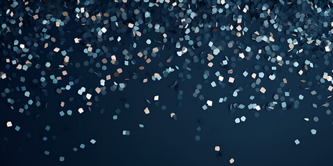 Silver confetti on dark blue background, abstract background with copy space for text