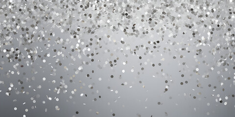 Silver confetti on grey background, abstract background with copy space for text