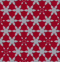 Seamless pattern with silver snowflakes. Snowflake ornament vector illustration. Small grey stars on red background. Decorative design element. Winter mood.