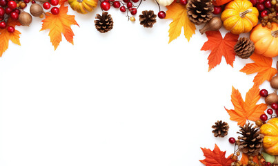fall item frame including color changed maple leaves, pine cones and mini gourds with white negative space for marketing or product presentation