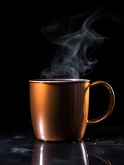 Bronze Coffee Mug on Black Background. Photorealistic Cup with plume of steam on dark backdrop. Vertical Illustration. Ai Generated Hot Drink with Vapor.