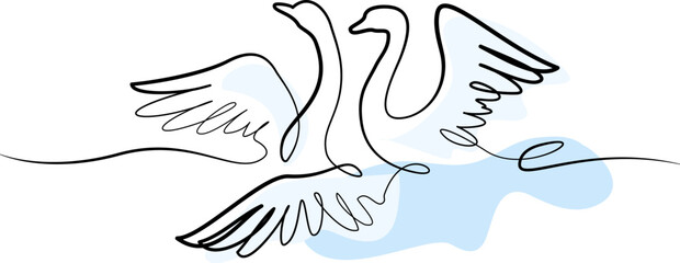 Cute swans couple swimming on lake sign. Continuous one line drawing