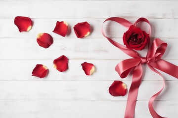 Love and Valentine's Day Concept with Red Rose and Heart Ribbon on Black Wooden Background - Top View with Copy Space, Flat Lay - Created with generative AI tools