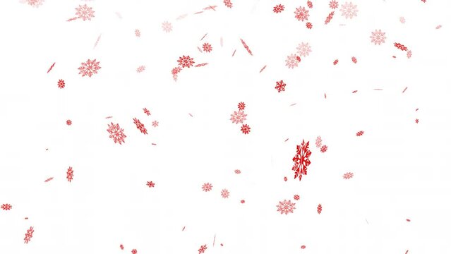 Falling red snowflakes on white background. Abstract happy decorative elements