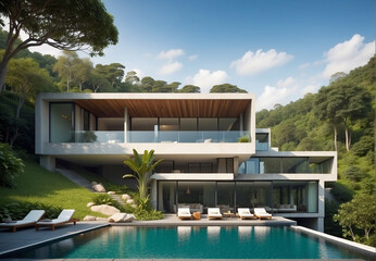 modern villa with swimming pool, on the hillside