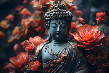 A Buddha statue with a flower created using artificial intelligence,