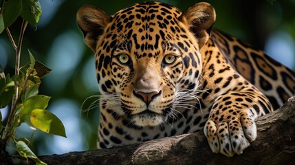 A majestic jaguar perched on a tree branch, staring into the distance with its piercing green eyes
