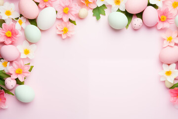 Fototapeta na wymiar Pastel Easter Eggs and Pink Spring Flowers Border on Soft Background