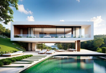 Fototapeta premium modern villa with swimming pool, on the hillside