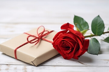 Valentines Day Background with Red Rose, Gift, and Heart Envelope on White Wooden Background - Created with generative AI tools