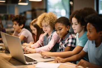 group of children learning on laptop in classroom