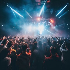 live band playing on stage in a dimly lit nightclub, with a sea of enthusiastic fans jumping