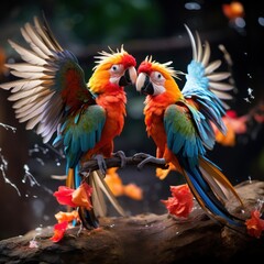 Obraz premium A pair of tropical birds engaged in a playful dance